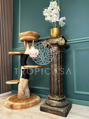 Complete Suar Houten Krabpaal met Zwart Krabtouw, Schaal & Speeltje – 105 cm Hoog | Handgemaakt - TropiCasa.nl
