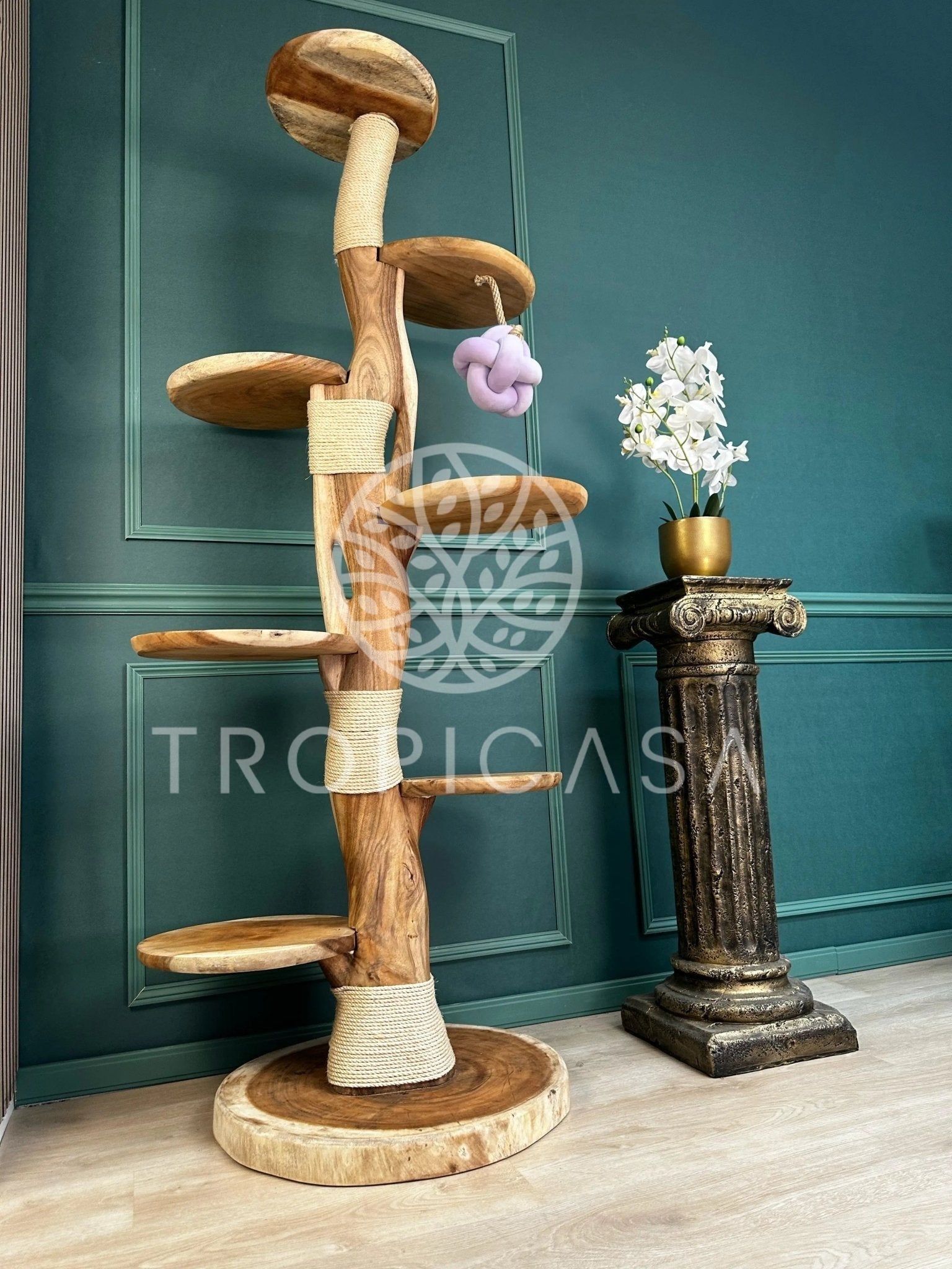 Complete Suar Houten Krabpaal met Krabtouw, Schalen & Speeltje – 205 cm Hoog | Handgemaakt - TropiCasa.nl